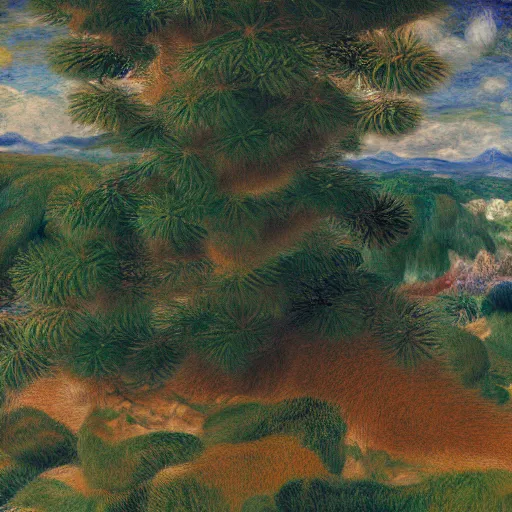 Image similar to japanese iridescent fuzzy mountain range rectangle jackal cedar tree vault mousse, by pierre - auguste renoir and peter paul rubens and brom, panorama, voxel, abstract