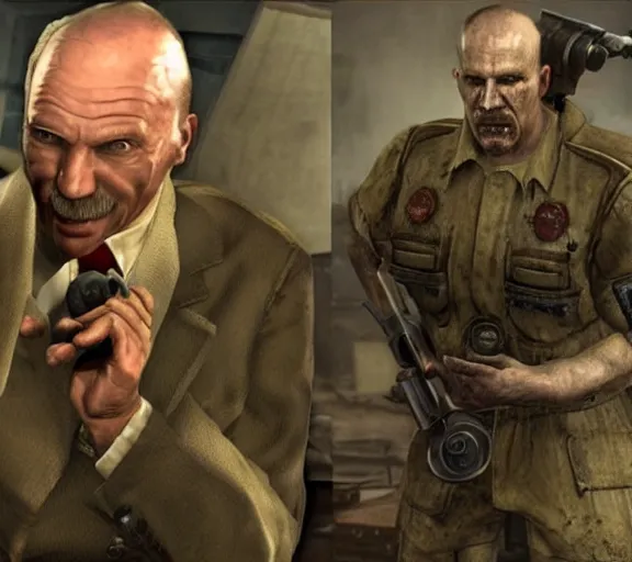 Image similar to Janusz Korwin-Mikke in the centre of a screenshot from the game Fallout: New Vegas (2010), talking to an Doc Mitchell from Fallout: New Vegas (2010)