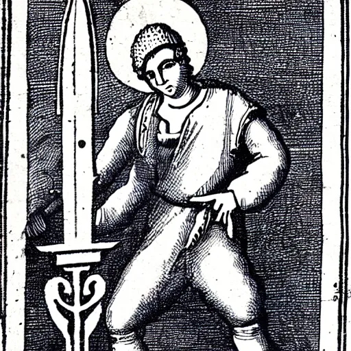 Image similar to a 1 8 th century illustration of a medieval peasant holding a large blue trident above his head.