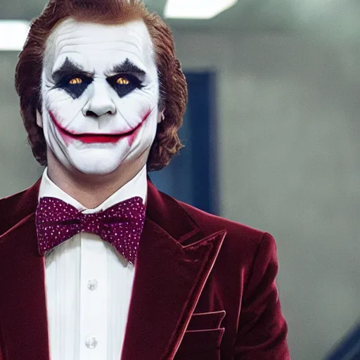 Image similar to a movie still of Ron Burgundy as The Joker in the new movie Batman