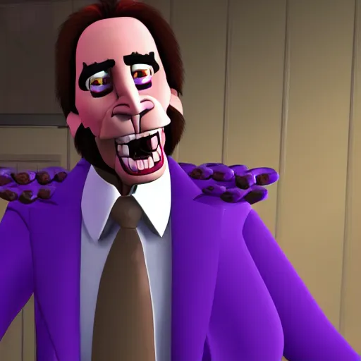 Prompt: Nicholas Cage in Five nights at Freddy's enjoying the purple guy