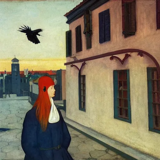 Prompt: a woman in a medieval city, a lots of crows, hyperrealistic film still by edward hopper, by hilma af klint, by klimt, by paolo uccello, art nouveau, highly detailed, strong lights, liminal, eerie, symbolist, bright pastel colors