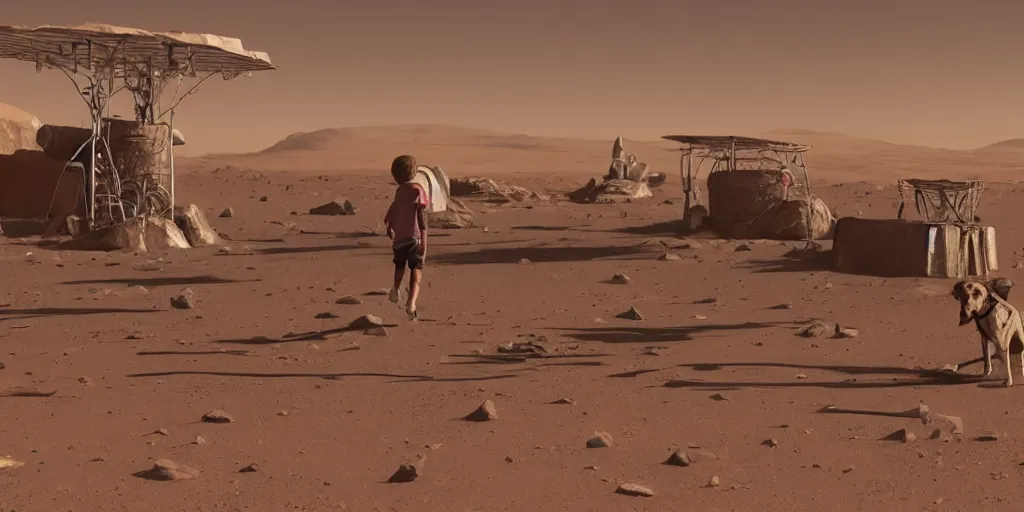 Prompt: a child taking his dog for a walk in the human settlement main city on Mars, 4k, high detail