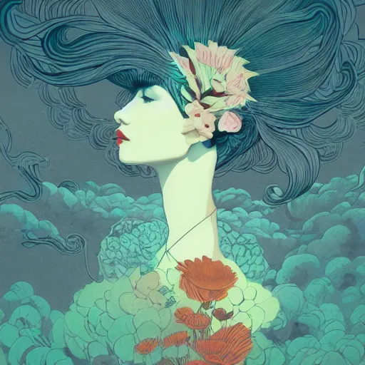 Prompt: giant flower head on woman, surreal photography, dramatic light, painting by victo ngai, james jean, rossdraws, frank franzzeta, mcbess