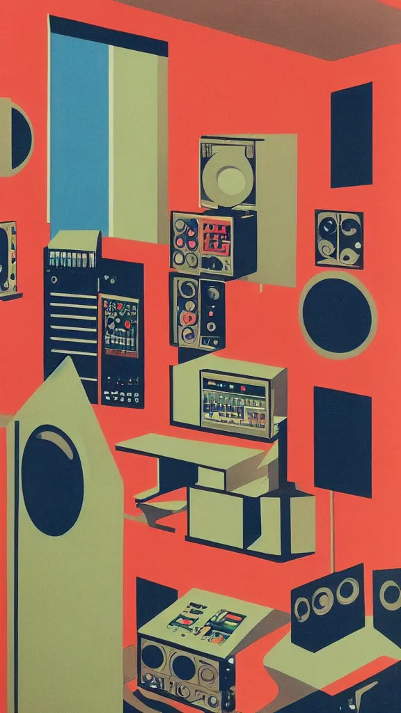 Prompt: a colorful detailed flat color gouache of an electronic music studio by Rene Magritte