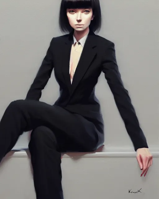 Image similar to a ultradetailed beautiful panting of a stylish woman wearing a black loose fit suit with a tie, oil painting, by ilya kuvshinov, greg rutkowski and makoto shinkai, trending on artstation