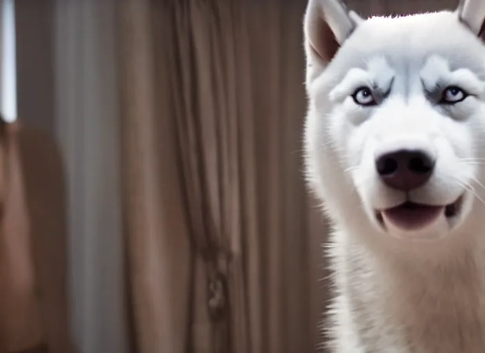 Prompt: film still of an anthropomorphic white vested husky!!!!!! in a white vest wearing a white vest!!!!! in the new sci - fi movie, 8 k