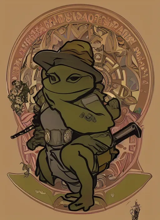 Prompt: anthropomorphic frog police officer. renowned character illustration by alphonse mucha. trending on artstation.