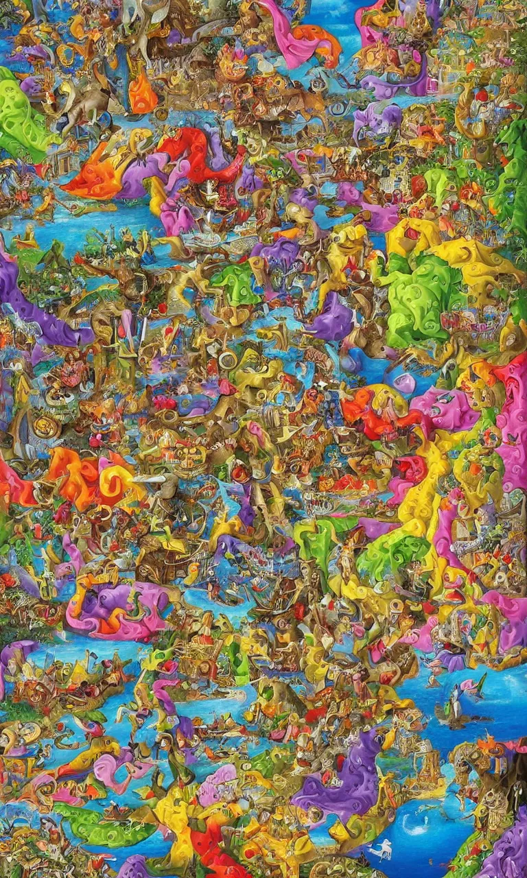 Prompt: an incredibly detailed masterpiece painting of a I SPY puzzle by bosch and lisa frank, ornate, beautiful, bold colors, detailed, high resolution, wow!, intricate