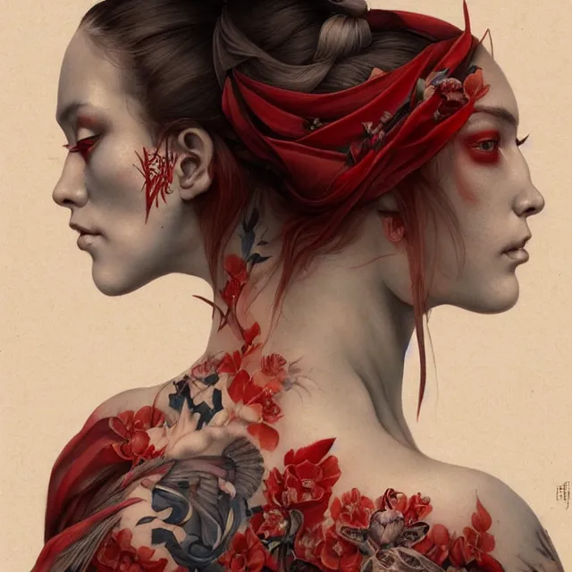 Image similar to ultra realistic illustration, beautiful woman dressed in red kimono, backview, tattoos, in the style of peter mohrbacher by weta digital and beth cavener, high face symmetry, intricate, masterpiece, award winning, high face symmetry, intricate