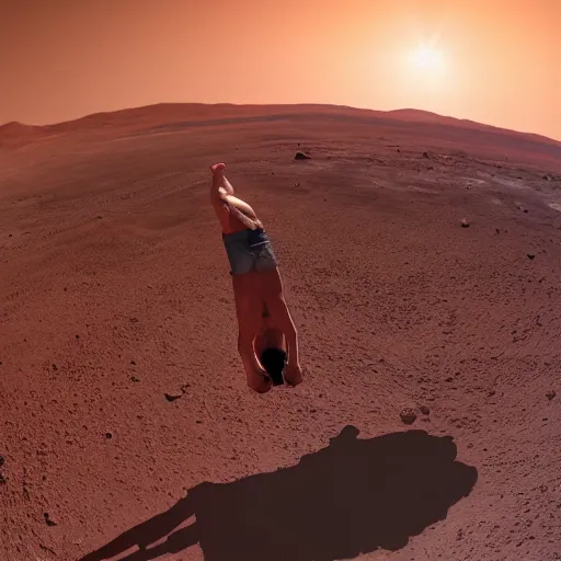 Image similar to 4 k hdr photo of elon musk doing a backflip on the surface of mars during a blue martian sunset surrounded by fireworks in the background