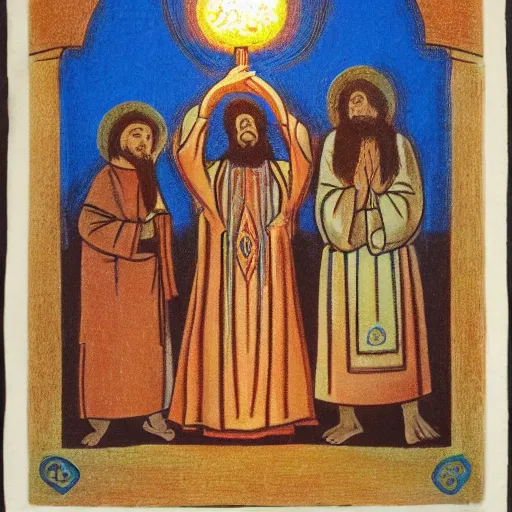 Prompt: acolytes worshipping glowing mushroom, orthodox image