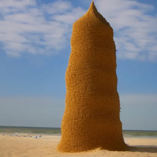 Image similar to a tower of sand on the beach that's taller than the people around it