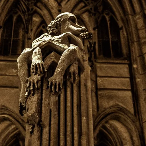 Prompt: gargoyle on a gothic church at night in a thunderstorm, dramatic lighting