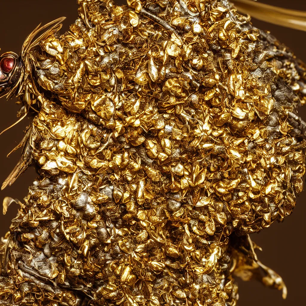 Prompt: cicada shedding gold leaf, white background, artistic studio photography, dramatic macro photography, high contrast, back lighting