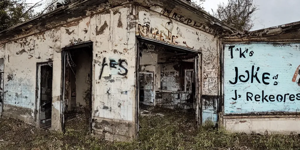 Prompt: an extremely old abandoned restaurant with a sign saying jake's restaurant