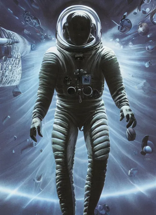 Image similar to astronaut in dark void underwater - complex and hyperdetailed technical suit design. reflection and dispersion materials. rays and dispersion of light. volumetric light. f / 3 2. noise film photo. flash photography. ultra realistic, 5 0 mm. poster by wayne barlowe, hajime sorayama aaron horkey, craig mullins