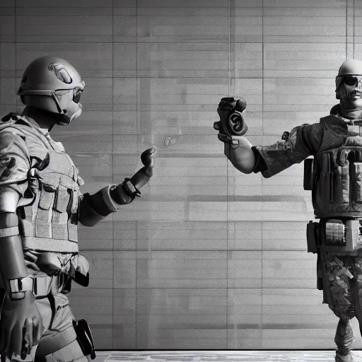 Prompt: the special forces pointing a real sized peanut statue, security camera, black and white, detailed, realistic, 4k