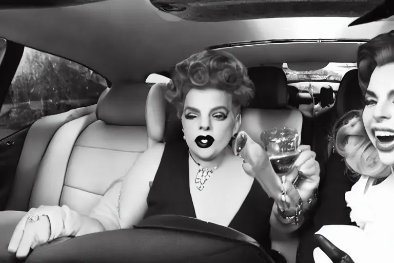 Image similar to lady gaga and judy garland doing carpool karaoke, lady gaga and judy garland, carpool karaoke, lady gaga, judy garland, carpool karaoke, youtube video screenshot, the late late show with james corden, higly realistic, high resolution, dashcam