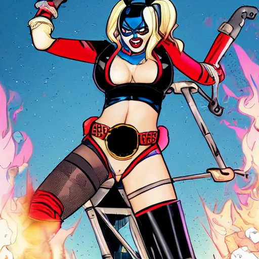 Prompt: harley quinn being catapulted out of a canon