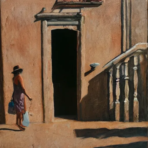 Image similar to A photograph of a Colombian woman in a peach dress, walking away from camera, down a narrow sandstone alley with rough-hewn sandstone building either side, and a varnished wooden door on the right. Ahead is a lantern, attached to the right wall. Late afternoon on a sunny day. Detailed oil painting