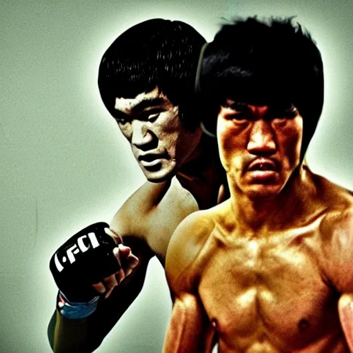 Prompt: Bruce Lee fights against Khabib Nurmagomedov in the UFC,