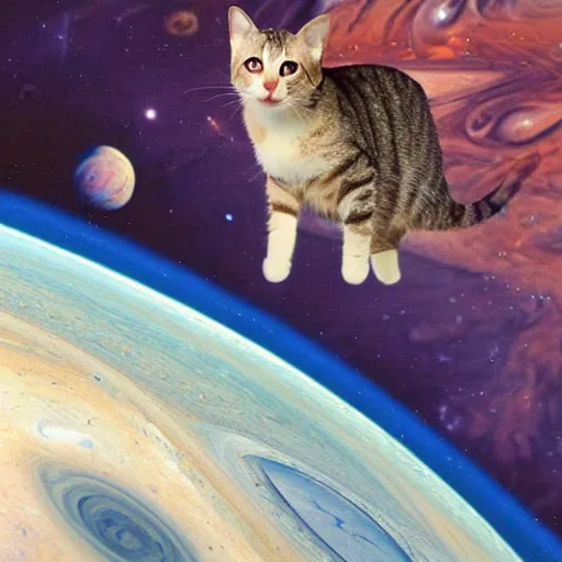 Image similar to cat with astronaut suit flying over the jupiter, photo