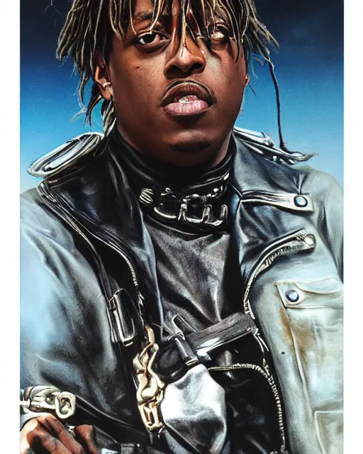 Image similar to juice wrld in black leather jacket mad max post apocalpytic, airbrush, drew struzan illustration art, key art, movie poster