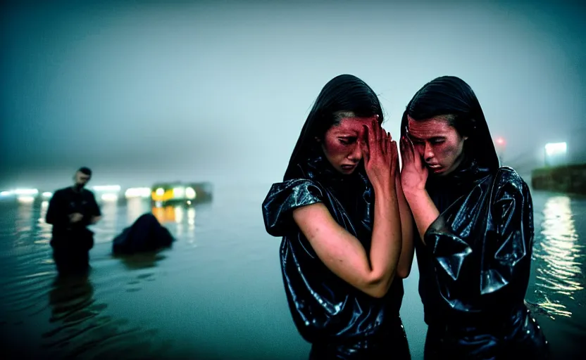 Image similar to cinestill 5 0 d candid photographic portrait by steve mccurry of two loving female androids sobbing wearing rugged black mesh techwear in treacherous waters, flooded city, long shot, retrofuturism cyberpunk moody emotional cinematic, pouring iridescent rain bright spotlight helicopter, 8 k, hd, high resolution, 3 5 mm, f / 3 2, ultra realistic faces, ex machina