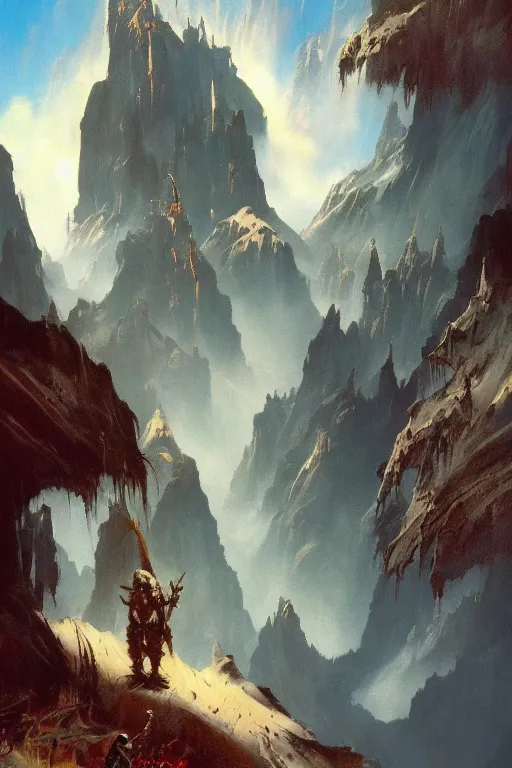 Prompt: beautiful fantasy landscape by frank frazetta, trending on artstation