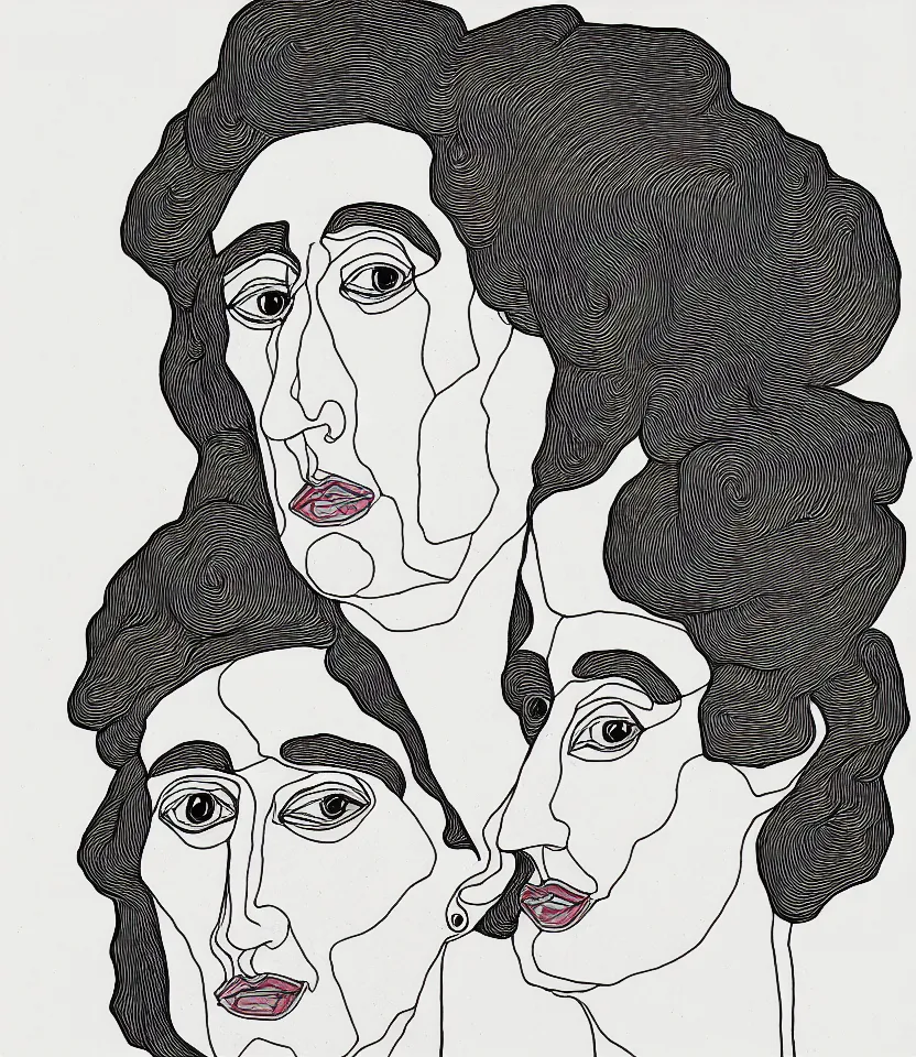 Prompt: detailed line art portrait of virginia woolf, inspired by egon schiele. caricatural, minimalist, bold contour lines, musicality, soft twirls curls and curves, confident personality, raw emotion