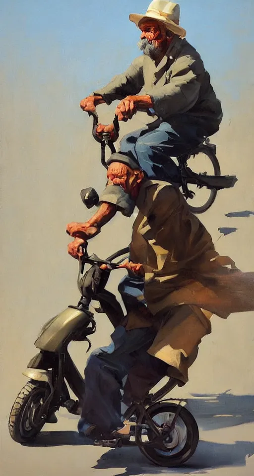 Image similar to greg manchess portrait painting of old man on moped motorbike, medium shot, asymmetrical, profile picture, organic painting, sunny day, matte painting, bold shapes, hard edges, street art, trending on artstation, by huang guangjian and ail elvgren and sachin teng