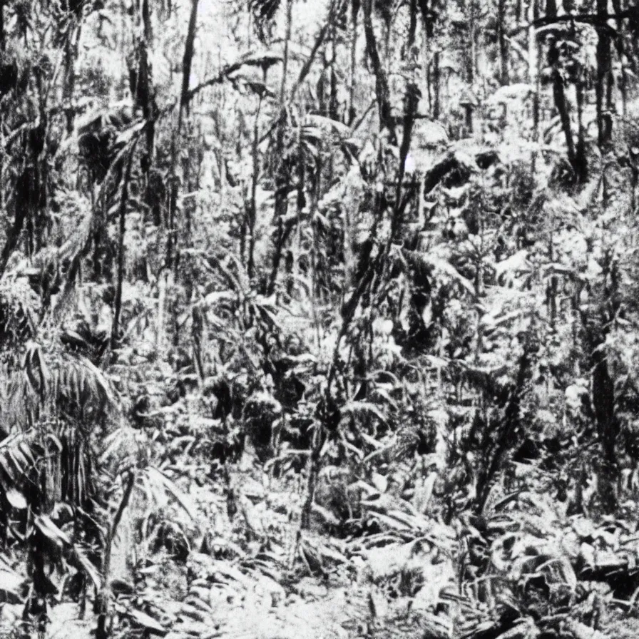 Prompt: a lost film footage from an object used by an indigenous tribe in the tropical forest, film still, cinematic, out of focus, enhanced, 1 9 2 0 s, black and white, grain