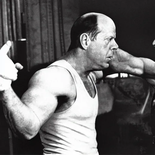 Prompt: Bruce Willis as John McClane punching Winston Churchill