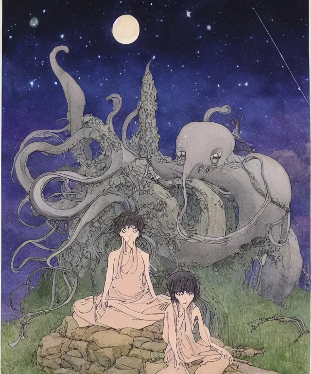 Image similar to a hyperrealist studio ghibli watercolor fantasy concept art. in the foreground is a giant long haired grey squid sitting in lotus position on top of stonehenge with shooting stars all over the sky in the background. by rebecca guay, michael kaluta, charles vess