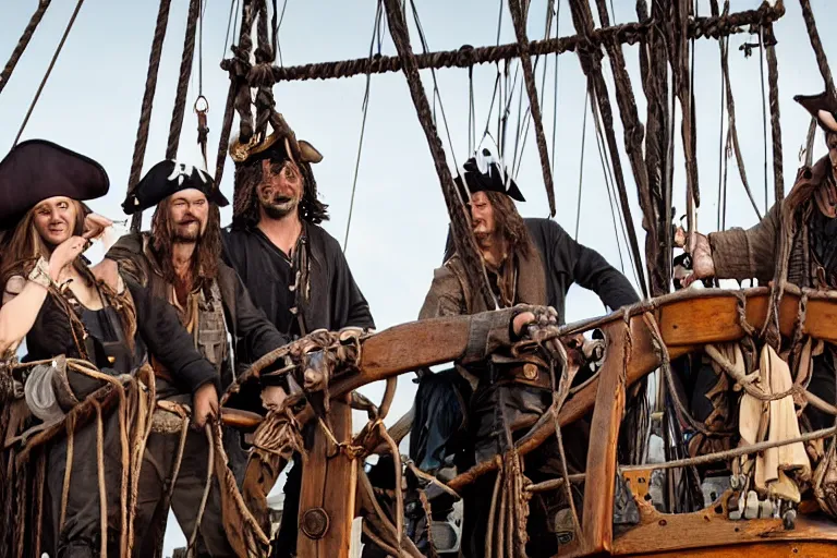 Image similar to closeup movie pirate crew on an old pirate ship, by emmanuel lubezki