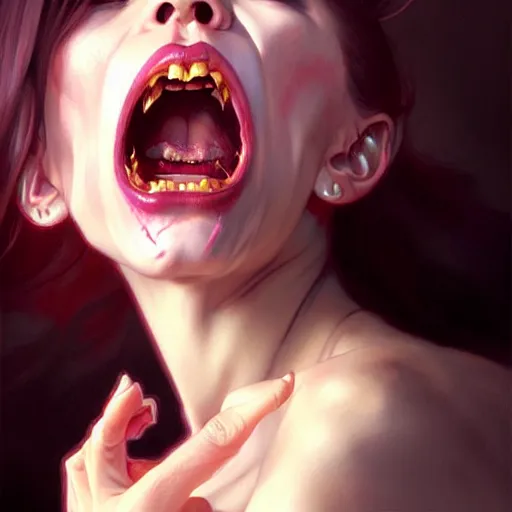 Image similar to face portrait of angry female demon screaming, realistic, high qulity, 4 k, sharp fucos, tranding on art station, illustration, art by artgerm and greg rutkowski and alphonse mucha