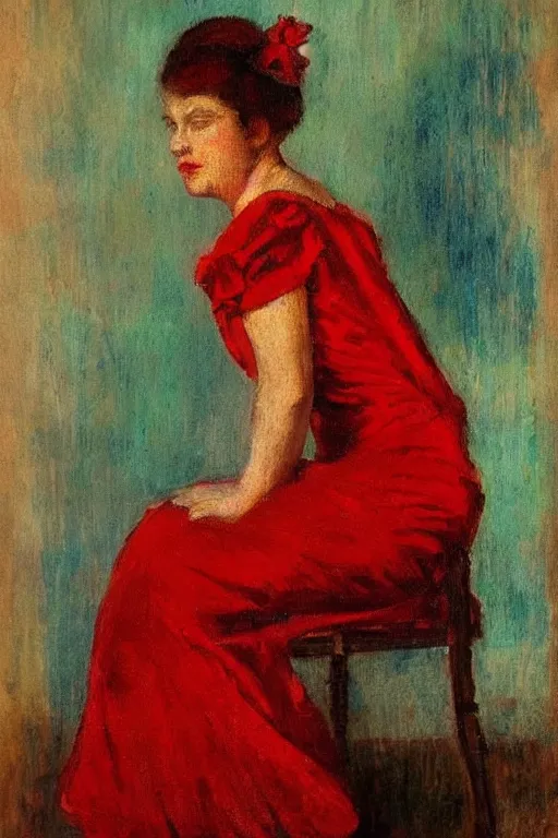 Image similar to a red dress folded over a chair. in the victorian era. in the style of american impressionism painting. triadic color scheme