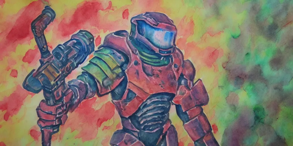 Prompt: doomguy watercolor art pastel colors pergament paper