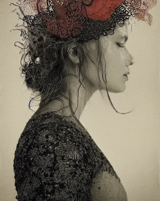 Image similar to a woman's face in profile, long flowing hair entwined in a coral reef, made of intricate decorative lace leaf, in the style of the dutch masters and gregory crewdson, dark and moody