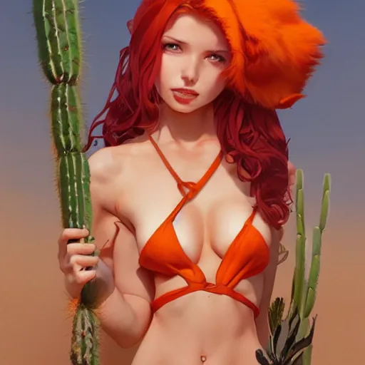 Prompt: A red-haired girl with fox ears and an evil grin in orange bikini holds a cactus artwork of a single character, highly detailed, digital painting, artstation, smooth, sharp focus, illustration, art by artgerm and greg rutkowski and alphonse mucha