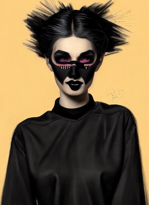 Prompt: portrait of a woman with a crooked nose and a confident expression, 1 9 6 0 s, black clothes, goth, punk, brightly coloured hair, funk, intricate, elegant, highly detailed, digital painting, artstation, concept art, smooth, sharp focus, illustration, art by wlop, mars ravelo and greg rutkowski