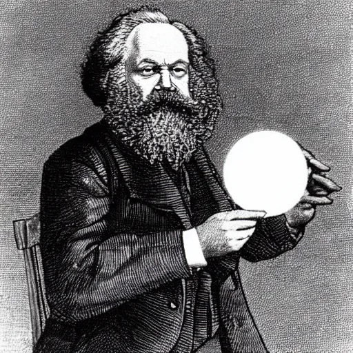 Prompt: Karl Marx pondering his Orb by studio mir