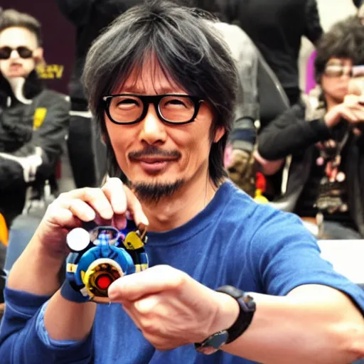 Prompt: Hideo Kojima holding a beyblade in his hand