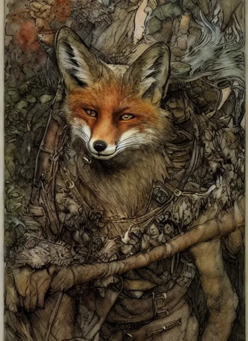 Image similar to portrait of a fox - faced ranger, human features, dnd, gwelf, highly detailed, perfect lighting, watercolor and ink illustration, muted colors. perfect composition, 4 k, by brian froud, larry macdougall, jean - baptiste monge, arthur rackham