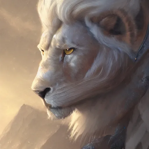 Image similar to a beautiful award winning commission of a male anthro albino lion dressed in skyrim armour,digital art,art by greg rutkowski,character design by charles bowater,ross tran,photorealistic,highly detailed,detailed face,4k,dramatic,deviantart,artstation