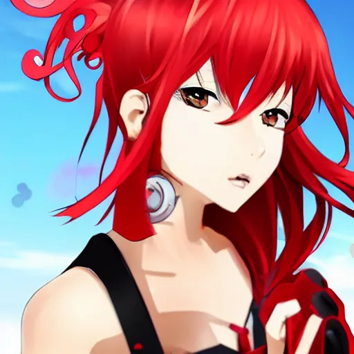 Prompt: maki nishikino from love live with cyborg body, red hair, anime style