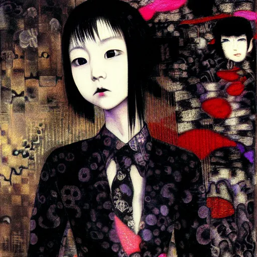 Image similar to yoshitaka amano blurred and dreamy realistic three quarter angle portrait of a young asian woman with black lipstick and black eyes wearing dress suit with tie, junji ito abstract patterns in the background, satoshi kon anime, noisy film grain effect, highly detailed, renaissance oil painting, weird portrait angle, blurred lost edges