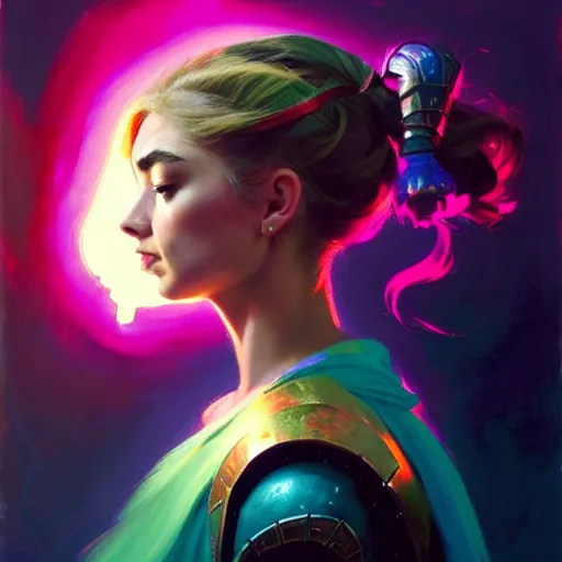 Image similar to side portrait, imogen poots, paladin, gloomhaven, colorful gaudy colors, luminescent, hard edges, organic painting, by greg manchess, huang guangjian, gil elvgren, greg rutkowski, jesper ejsing, magali villeneuve, artgerm, ilya kuvshinov