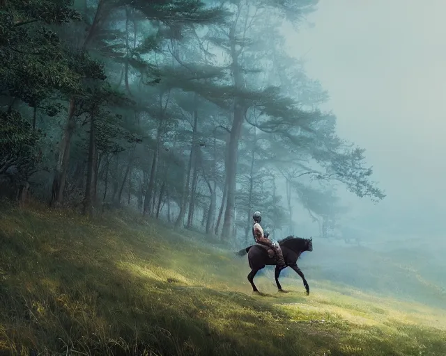 Prompt: a hooded adventurer on a horse. Hillside, mist, fog, trees, path, atmospheric lighting, adventurous, new beginnings, journey. By Makoto Shinkai, Stanley Artgerm Lau, WLOP, Rossdraws, James Jean, Andrei Riabovitchev, Marc Simonetti, krenz cushart, Sakimichan, trending on ArtStation, digital art.